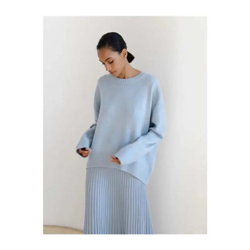 ゆったりとしたカジュアルなニットセーター、長袖、ラウンドネック、無地、秋冬新作、多用途で快適なニットウェア