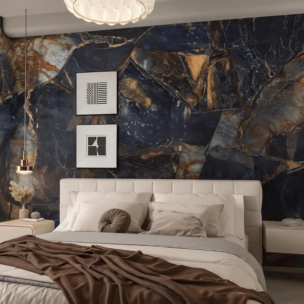 ورق اتصال محكم مقاوم للماء وقابل للإزالة ذاتي اللصق لامع أزرق داكن من الجرانيت ورق حائط واسع 24x393