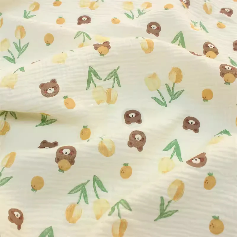 

Двойная Милая пряжа из чистого крепа и хлопка с медведем, марлевая ткань для шитья, мягкая детская одежда, ткани для шитья