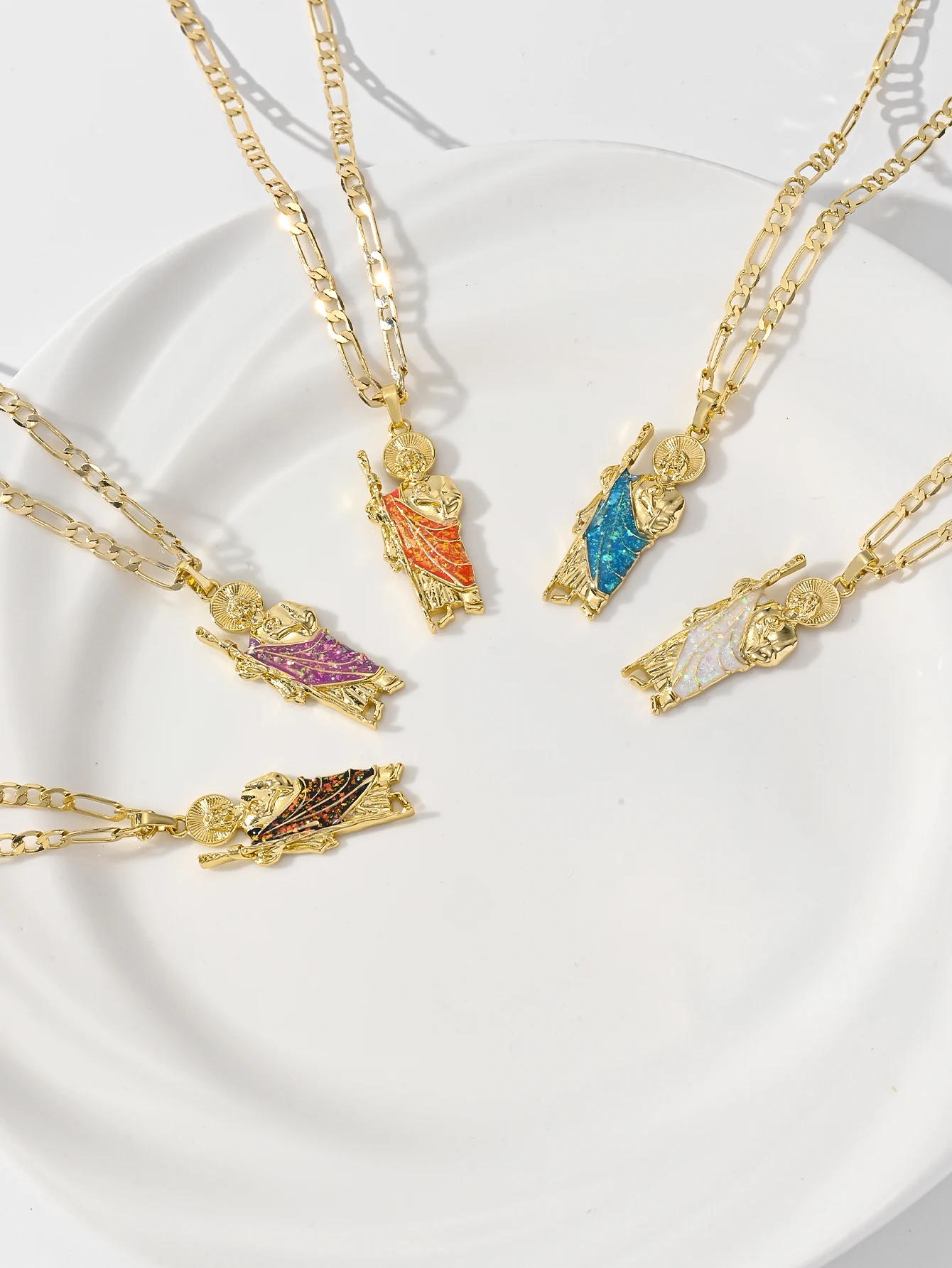 

Multicolor Opal St. Jude Pendant Necklace 14k Gold Plated Copper Women's Lucky Amulet Fashion Vintage Religious Jewelry