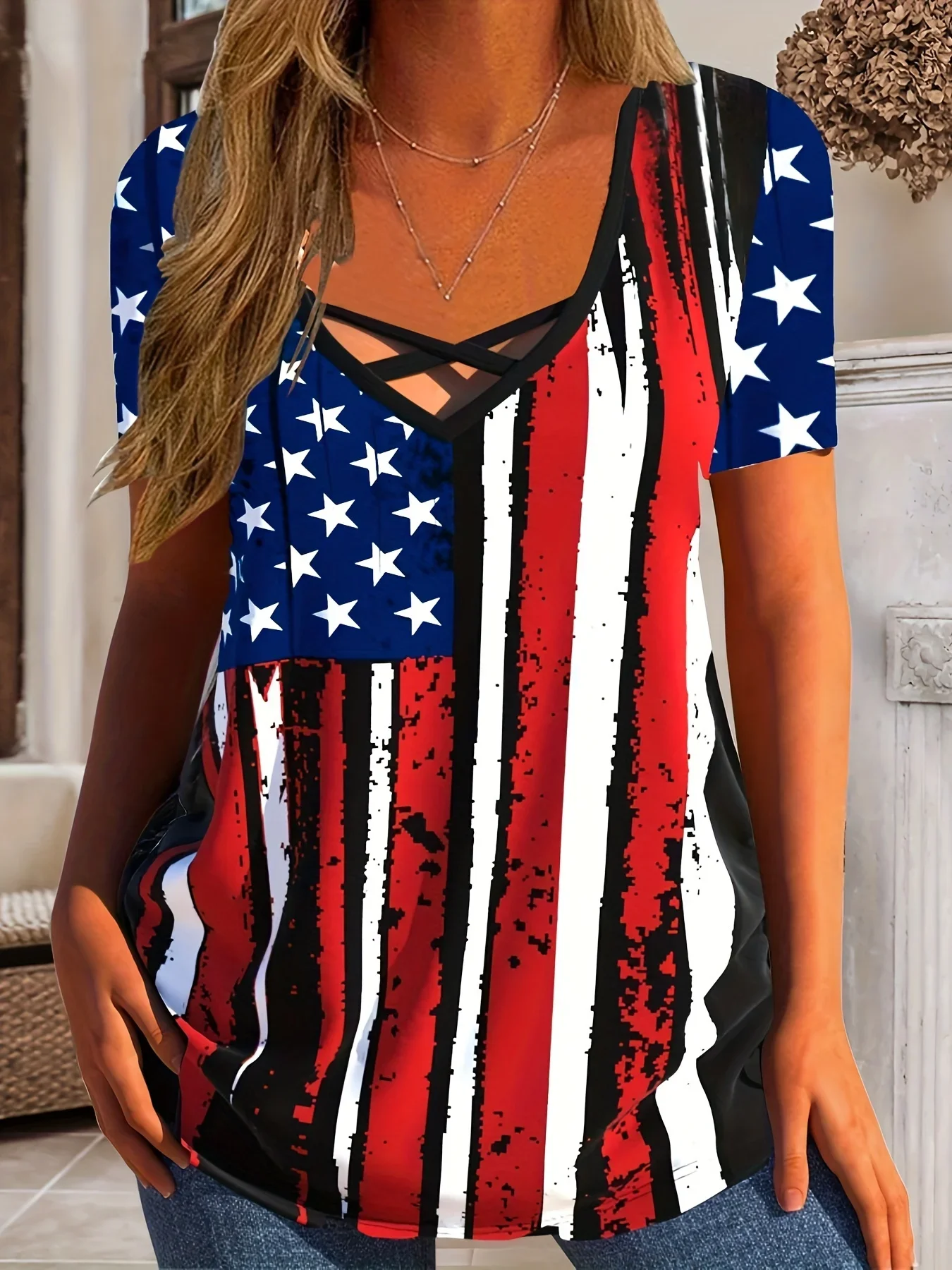 Women Plus Size American Flag Print Tee, V Neck Criss Cross Short Sleeve Casual Summer Loose Top