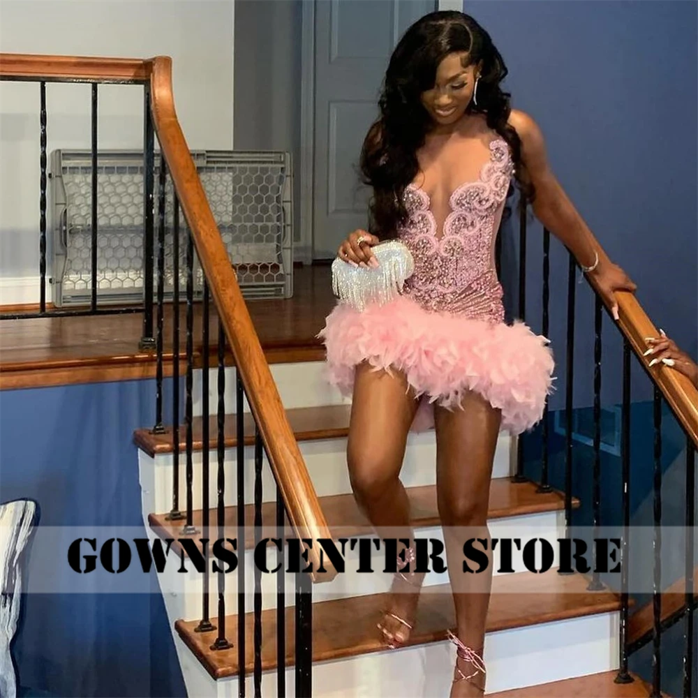 Baby Pink Feather African Rhinestone Prom Dress 2024 Aso Ebi Black Girl Cute Wedding Dress Birthday Party Formal Gown Customized — zdjęcie 3