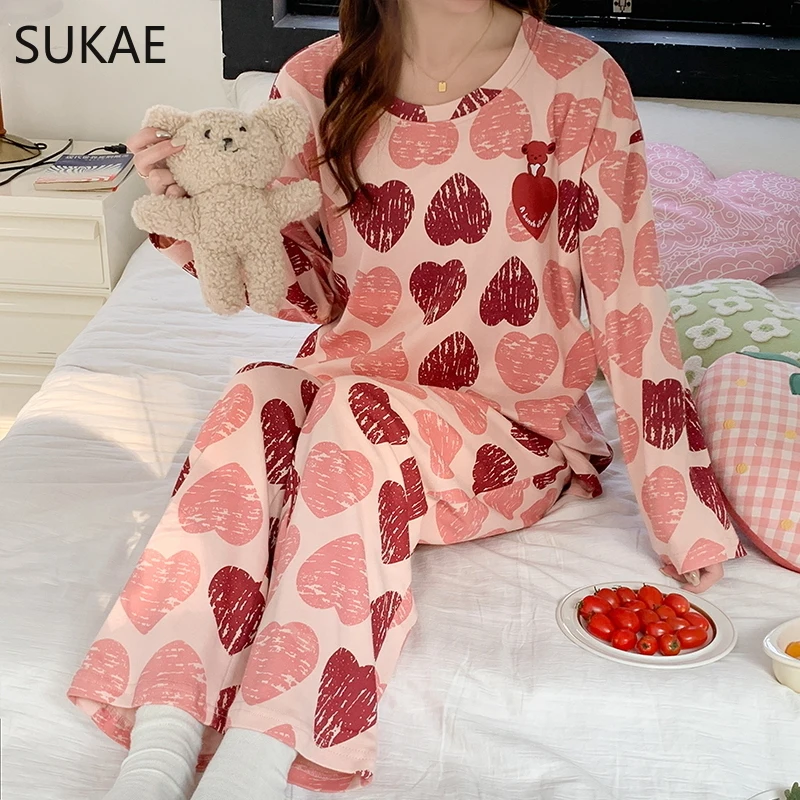 SUKAE Sweet Women Pyjama Korean Spring Autumn New Faux Cotton Sleepwear Youth Lady Homewear Chic Girls Nightwear Woman Home Suit