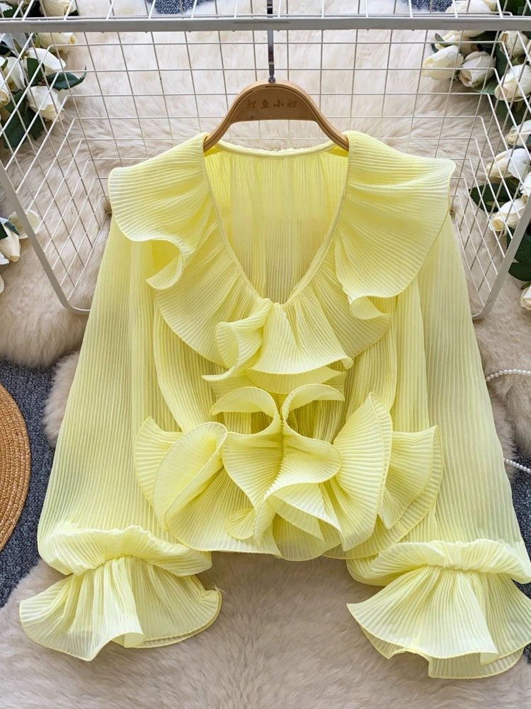 

French gentle style V-neck ruffled pleated shirt women's spring summer long sleeved temperament versatile design sense top