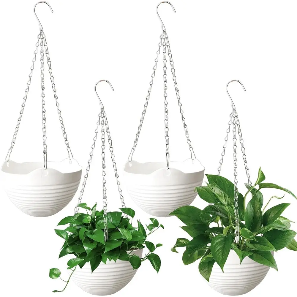 

4 Pack 8 Plastic Hanging Planters with Drainer and Chain, Round Baskets for Indoor & Outdoor Plants, White