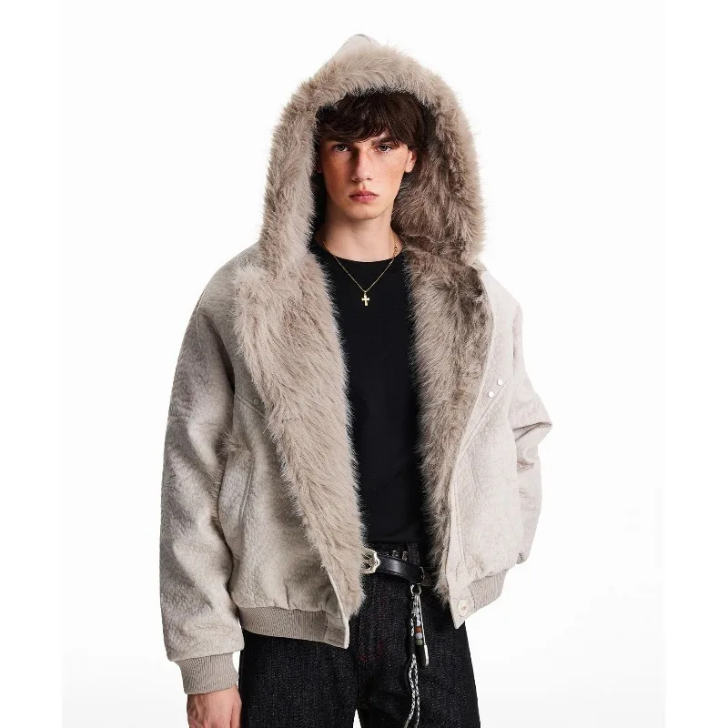 Herren Jacke Harajuku Winter Fleece Gefüttert Pelz Kragen Mit Kapuze Baumwolle Mantel Dicke Warme Lose Fit High-End Casual Streetwear Fashion