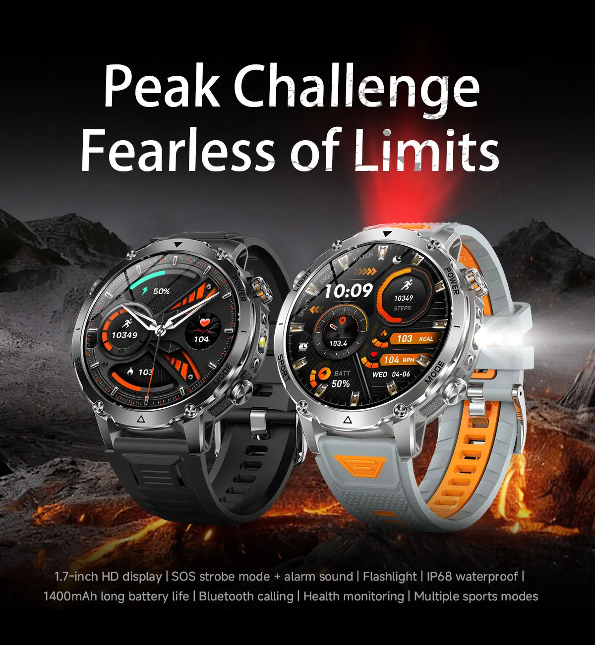 Robuste und langlebige 1400mAh Batterie Smartwatch für Herren Outdoor-Taschenlampe IPX8 Wasserdicht Herzfrequenzmessung Drahtlose Anruffunktion Sportarmbänder – Detail 1