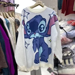 Disney Cartoon Stitch Clothes Y2k Cute Round Neck Sweater Autumn Winter Fashion Soft Knitted Top Shirts Women Jacquard Pullovers