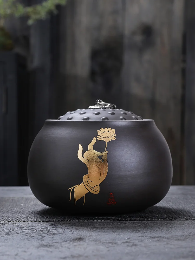 الرجعية الصينية الأرجواني الطين لوتس البذور وعاء براد شاي مختومة 0.4 كجم حزمة 1500 مللي Pu Erh الأحمر الأخضر الشاي تخزين يمكن هدية تزيين المنزل