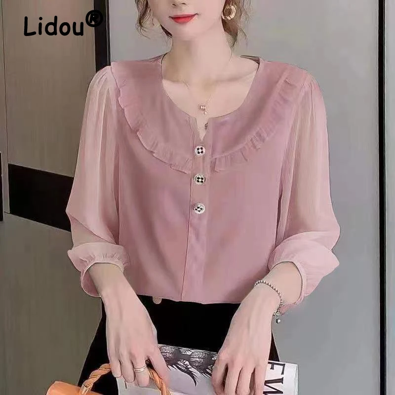 Women Korean Fashion Ruffled Buttons Chiffon Blouse Spring Summer Casual 3/4 Sleeve Shirts Solid Loose Chic Tops Blusas De Mujer