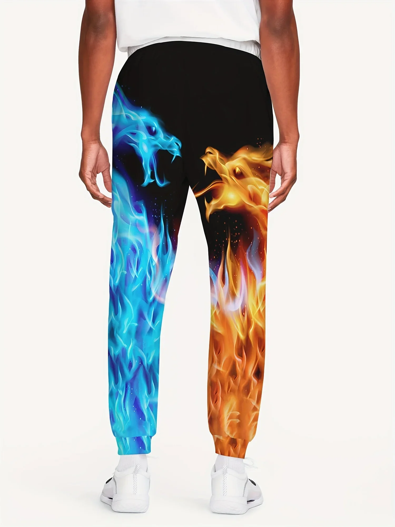 Men Fire And Ice Dragon Flame 3D Print Jogger Pants Polyester Drawstring Elastic Waist Casual Streetwear Hip Hop Trousers