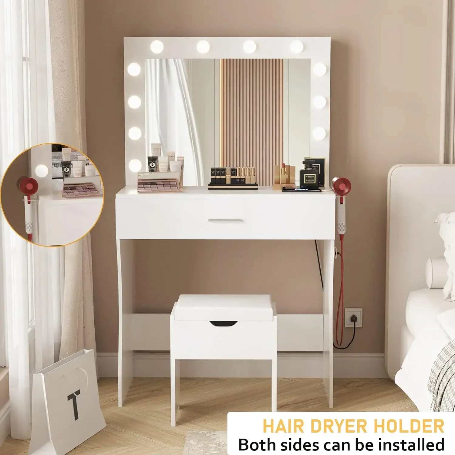 Makeup Vanity Desk with Mirror and 12 Lights 3 Color Modes, White Vanity Table for Bedroom with Charging Station, Vanity Set