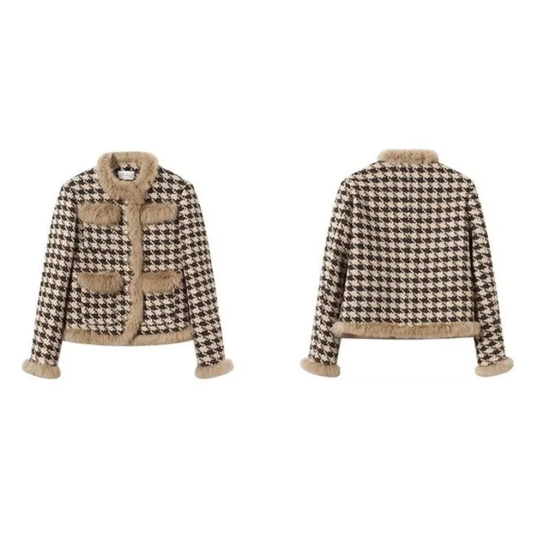 Autumn Winter New Chic Houndstooth Wool Coat + Short Skirt Women Set Skirt Fashion LooseOversize 4XL Plaid Skirt Two-piece Skirt