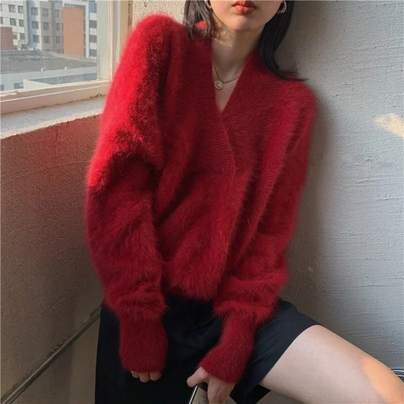 Luxus Nerz Kaschmir Pullover y2k Frauen V-Ausschnitt Pullover süße elegante Winter Mohair gestrickt dicke weiche lose Pullover weiß rot