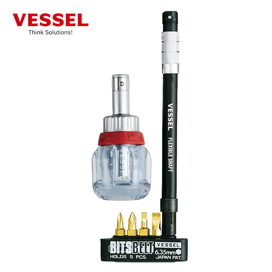 

VESSEL Stubby Ratchet Screwdriver with Bit Set Phllips Slotted Screwdrivers Made in Japan TD-6700 Series