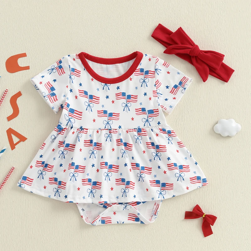 

Infant Girls Patriotic Romper Dress with Bow Headband American Flag Print Short Sleeve Summer Outfit Jumpsuit for Independence