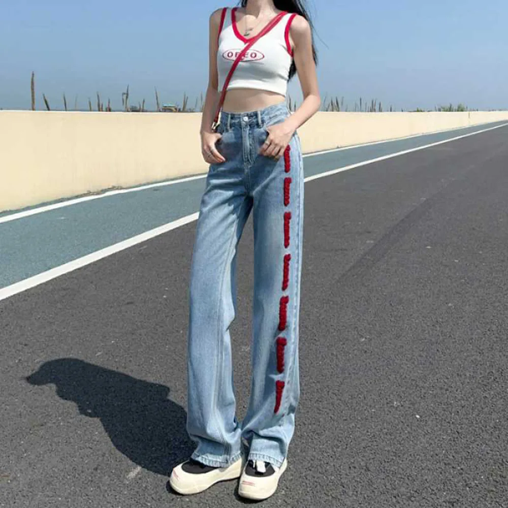 Jeans Denim Pinggang Tinggi Perca Merah Antik Celana Kaki Lebar Lurus Panjang Bordir Amerika Serbaguna Awal Musim Gugur Wanita