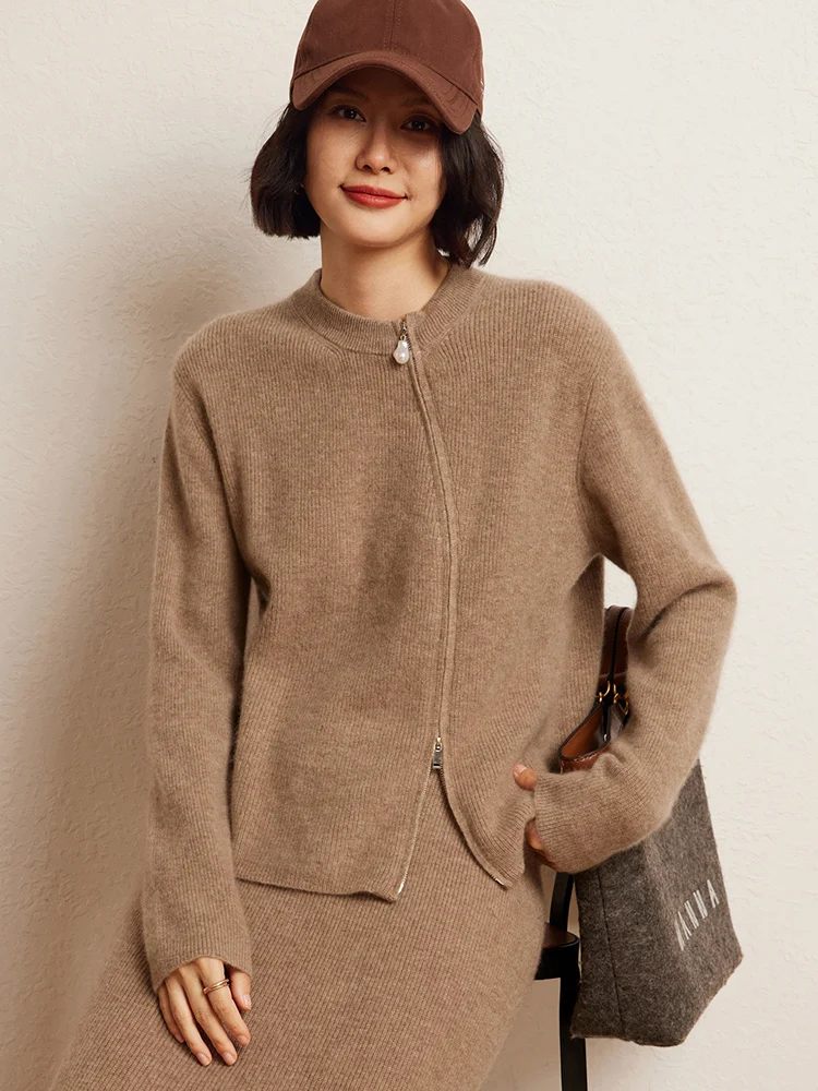 2024 New 100% Goat Cashmere Women Sweater O-neck Zippers  Cardigans Autumn Winter Thick Casual Soft Warm Cashmere Knitwear Coat