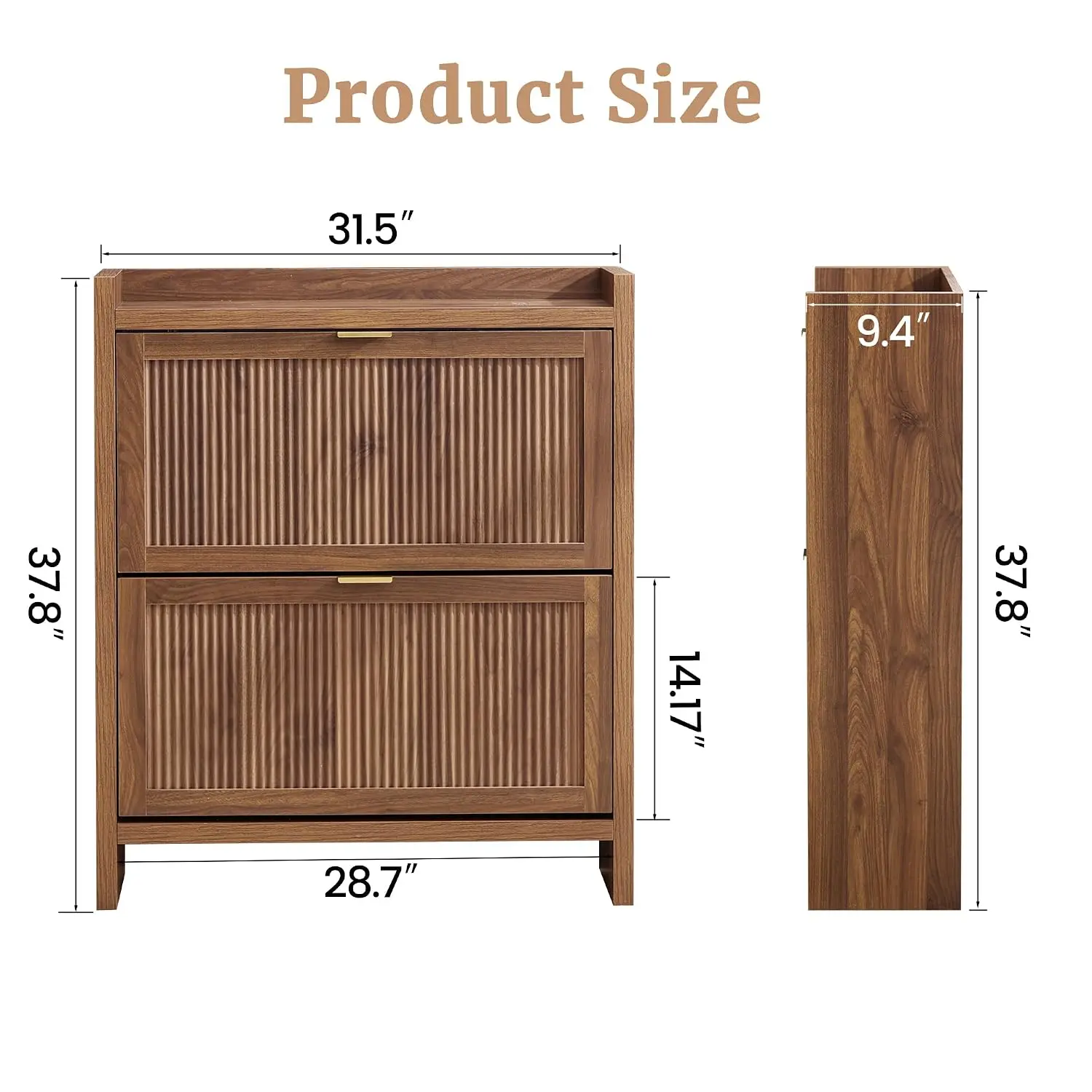 Fluted Shoe Storage Cabinet with 2 Flip Drawers,Walnut Farmhouse Shoe Organizer with Adjustable Shelves,Guardrail Top,Customized