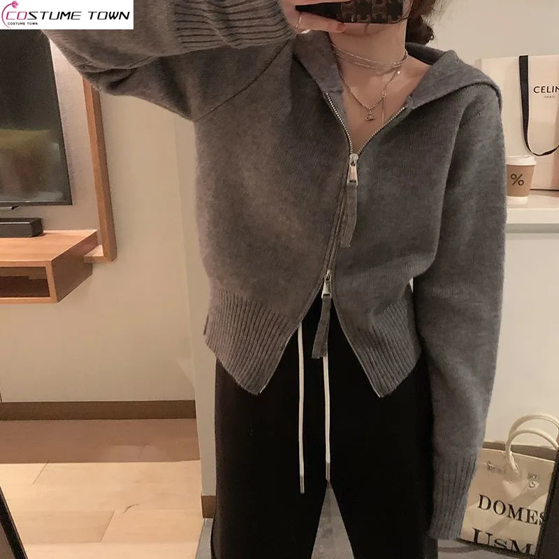 Knitted Cardigan Women's New Slim Hood in Autumn and Winter 2023 Double Zipper Spring and Autumn Short Sweater Coat