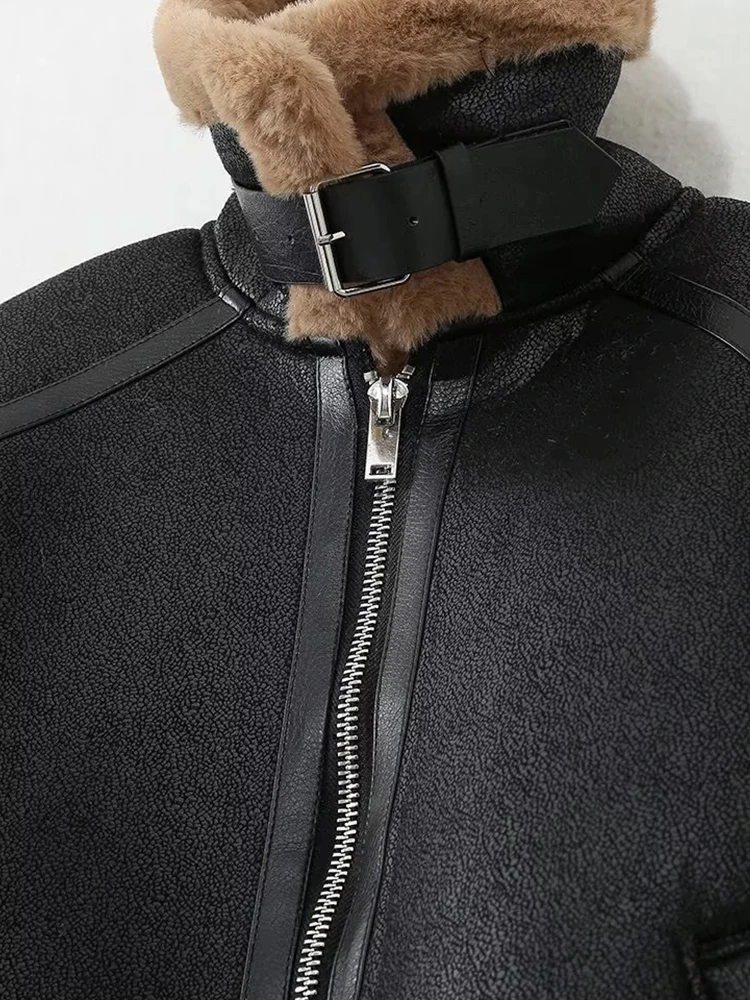 レディース新作秋物フリップカラーロングスリーブファー一体型フリース両面ショートジャケットコート