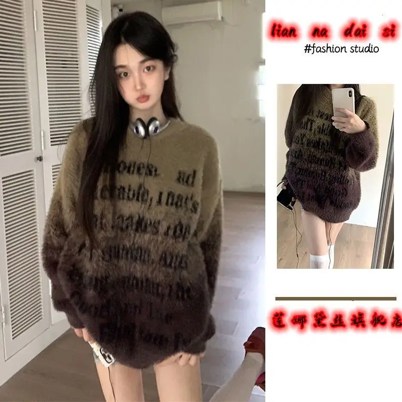 Lazy Style Letter Jacquard Gradient Pullover Sweater for Women Loose and Versatile Soft and Sticky Knit Sweater