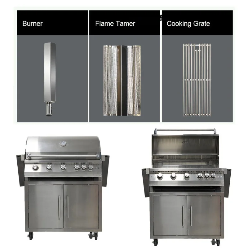 OEM ODM Heavy-Duty Built-In 304 Stainless Steel Outdoor Kitchen LPG NG Gas BBQ Piezo Ignition Flame Safety LED Trolley Grill