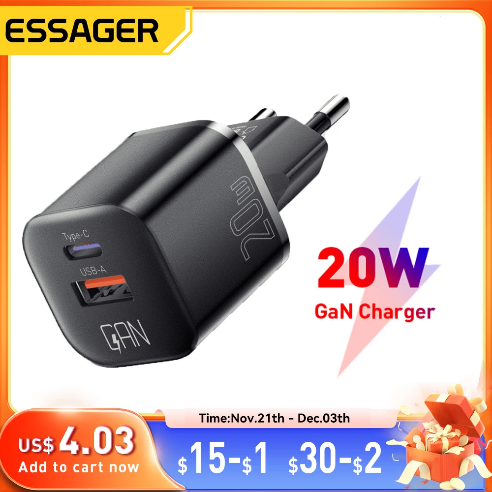 Essager 20W GaN USB Type C Charger PD Fast Charge Phone QC 3.0 Quick Chargers For iPhone 14 13 12 11 Pro Max Mini iPad Charging