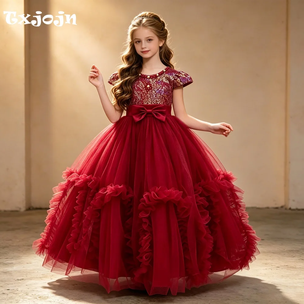 Girl's Dress 3-14 Year Old Girl's Bow Short Sleeve Princess Dress Long Mesh Dress Wedding Dress Flower Girl Performance Dress