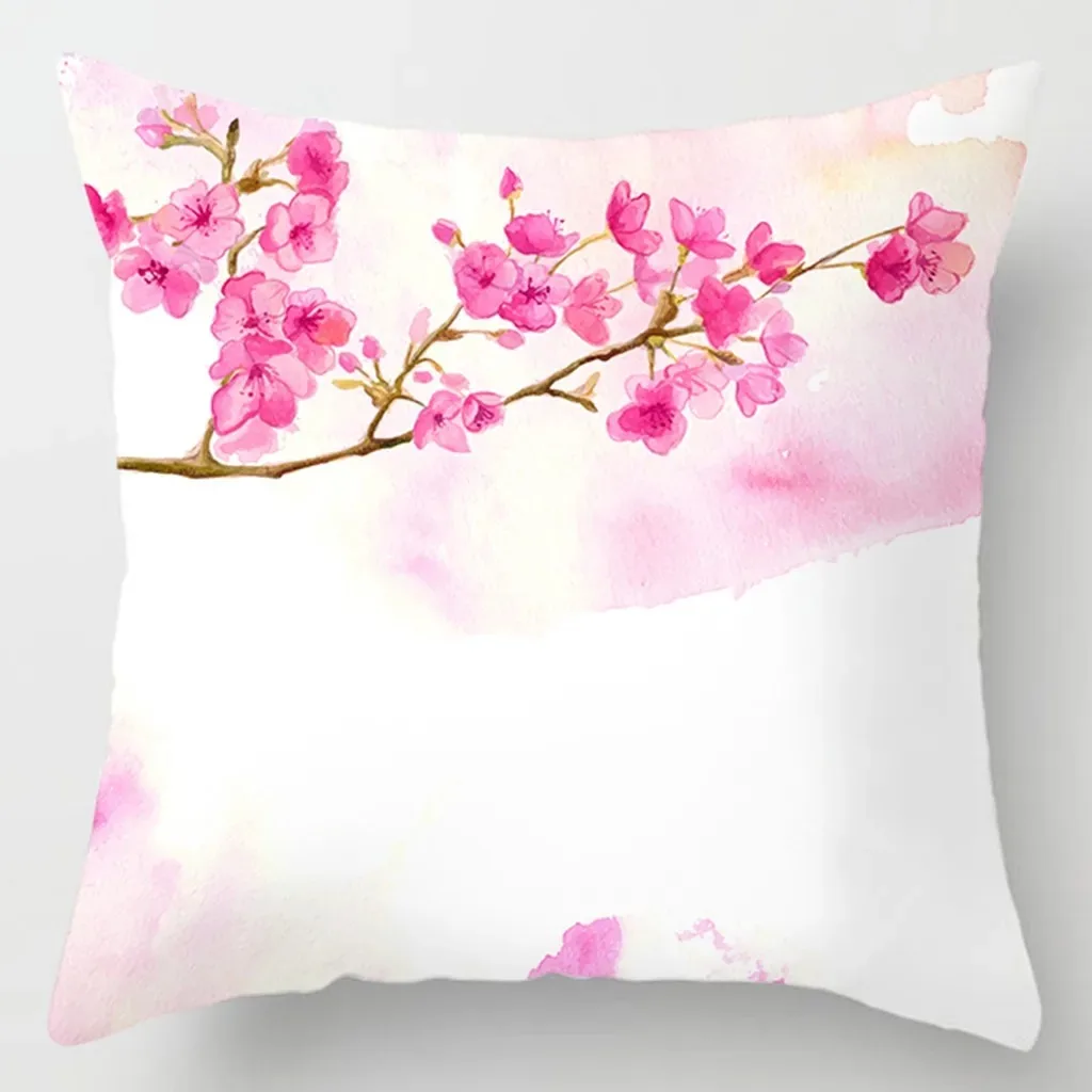 

Romantic Pink Flower Pillowcase Peach Skin 2D Flat Printed Watercolor Sakura Cushion Cover Bedroom Sofa Couch Home Decoration