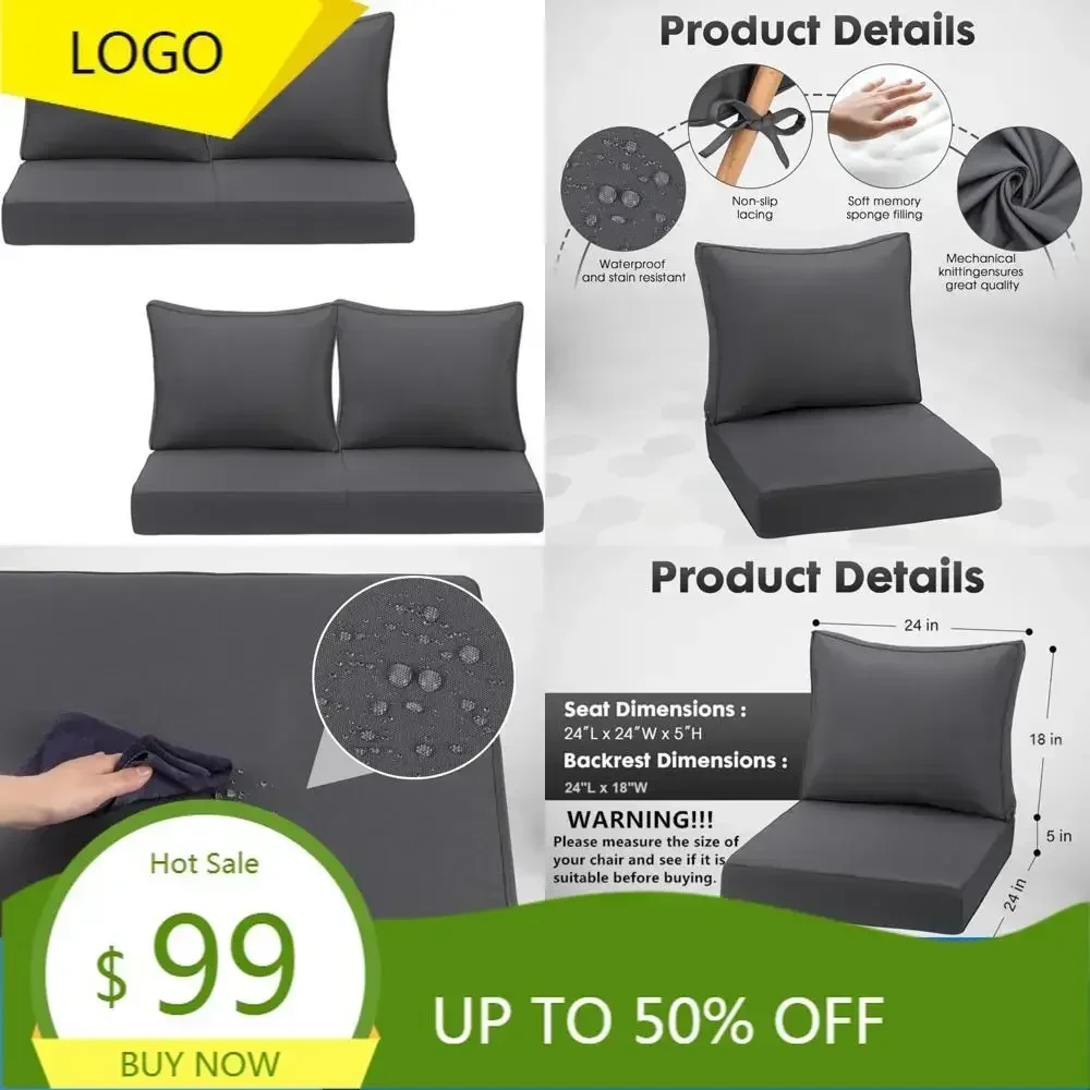 

Набор уличных подушек для глубоких сидений, 24 x 24 дюйма, водонепроницаемые и устойчивые к выцветанию подушки для садовой мебели с ручкой, для глубоких сидений и спинок.