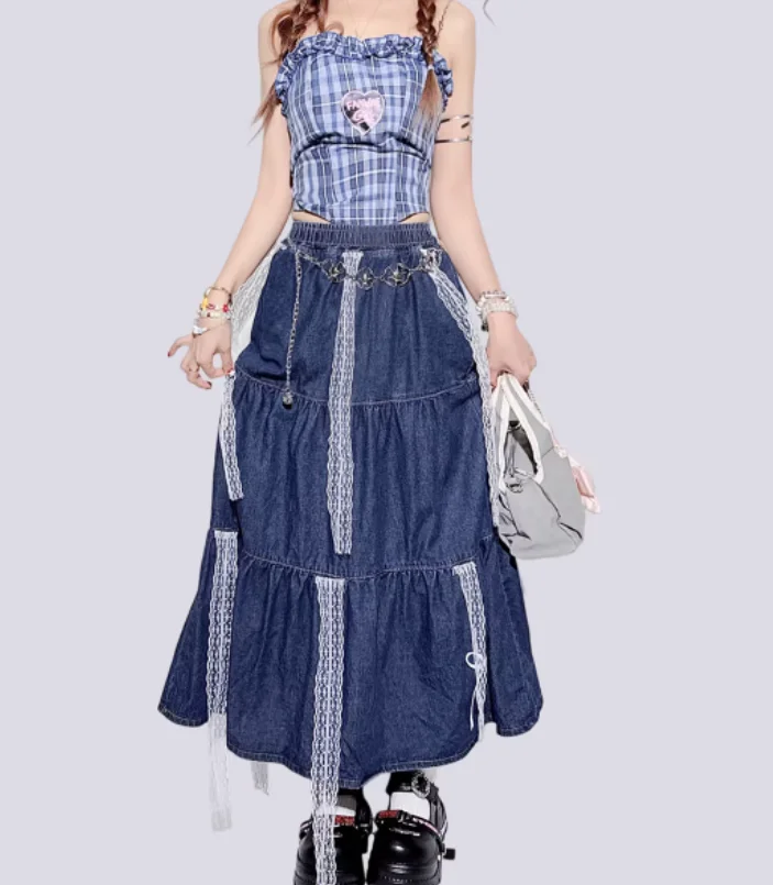 Spring New Fashion Girl Versatile American Retro Temperament Denim Skirt Elastic Waist Lace Bow Blue Skirt Three Ways To Wear