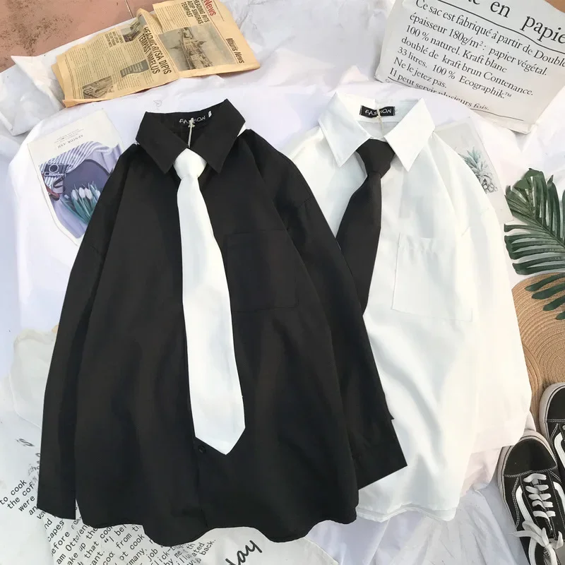 

New Autumn Women School Shirts Fashion JK Preppy Style Spring Japan Long Sleeve Girls Black Shirt Harajuku Button Up Ladies Tops