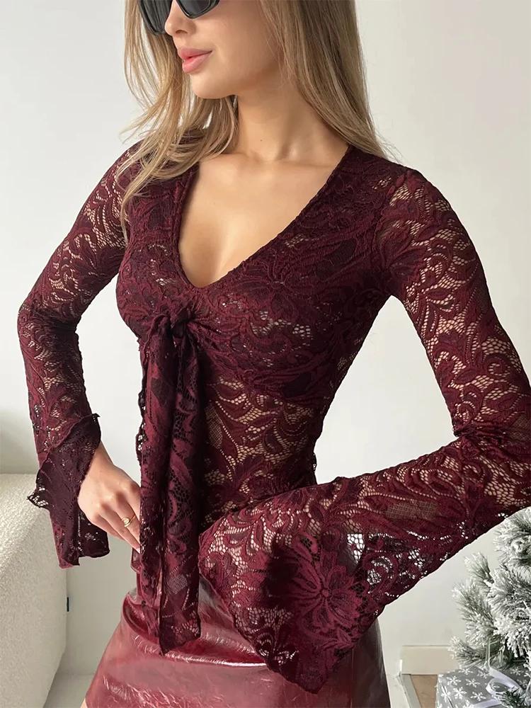 Lace Long Sleeve Sexy Bodysuits Women's Fashion Lace-Up V-Neck Twist Splice Sheer Jumpsuit Summer Party Female Bodysuits 2026