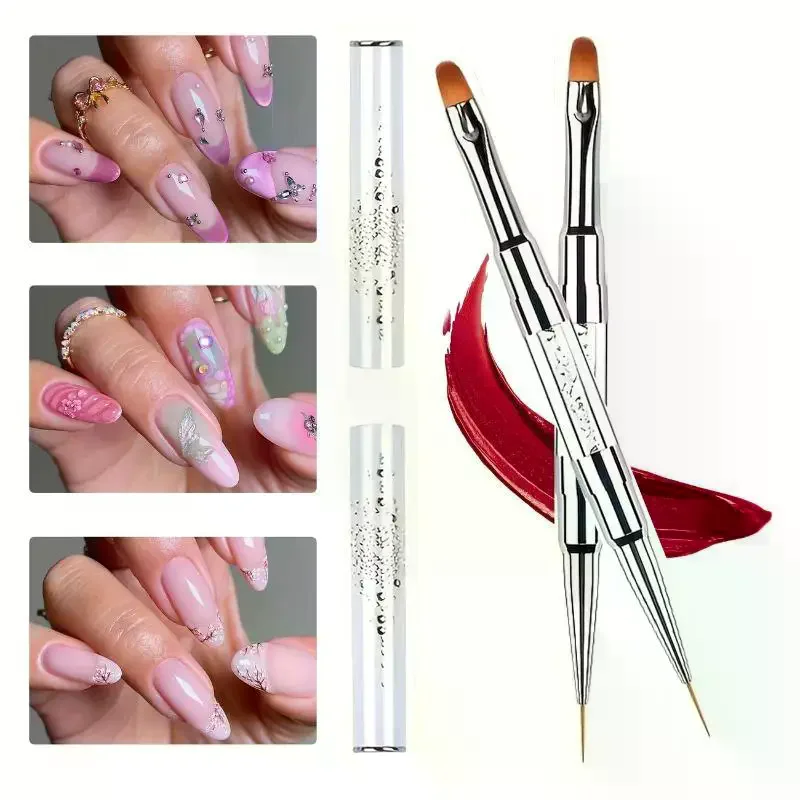 Pro Dual Ended Builder Gel Nail Brush With Rhinestone Handle For French Tip Gel Liner Manicure Tools