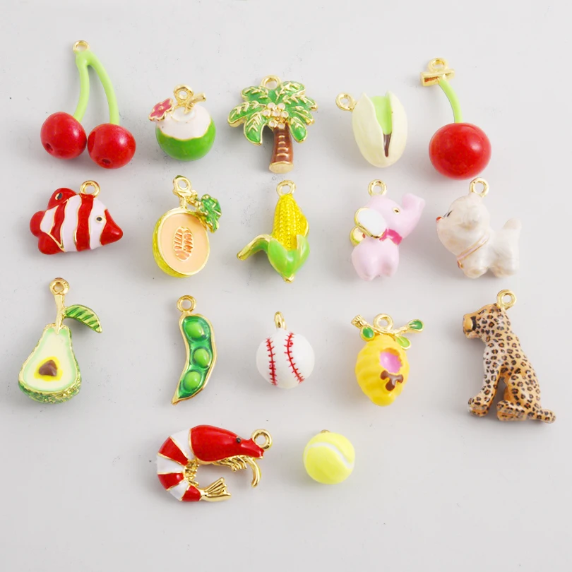 4Pcs Alloy Drip Oil Cute Lobster Cherry Corn Pistachio Coconut Charms Hot Sale Colorful Pendant For Jewelry Making Bulk Necklace