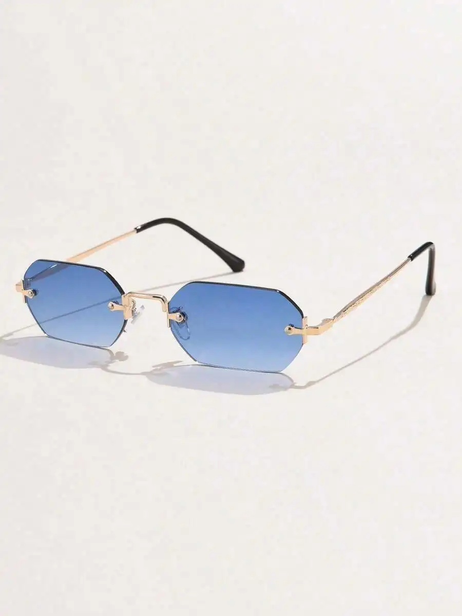 Mens Small Polygon Rimless Fashion Sunglasses Blue Gradient Lens Gold Tone Metal Frame