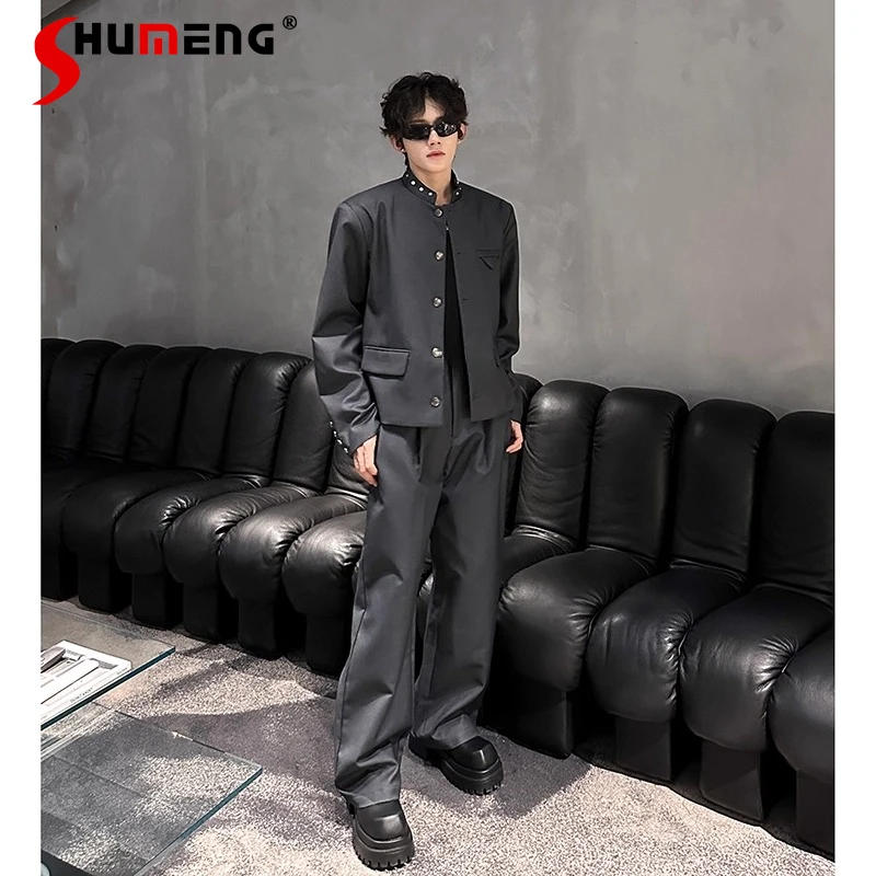 

Men's 2025 Autumn New High-End Stand Collar Stylish Elegant Shoulder Pad Two-Piece Sets Stand Collar Suit Wide-Leg Trousers Sets