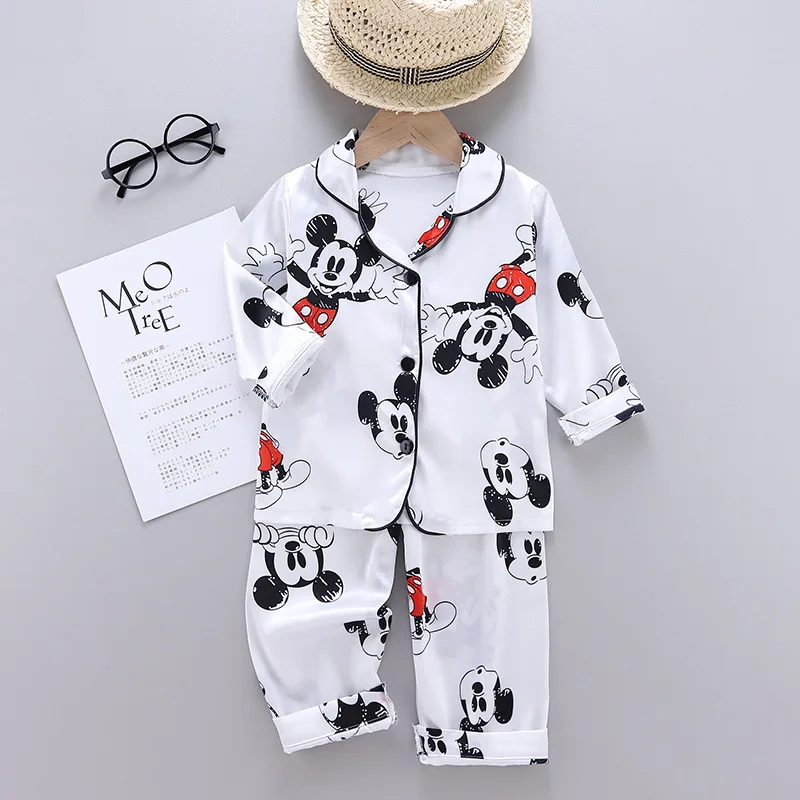 

Disney Mickey Mouse Children Pajamas Suit Silk Satin Long Sleeve Top+Trousers 2Pcs Baby Boys Girls Cartoon Satin Set Nightgown