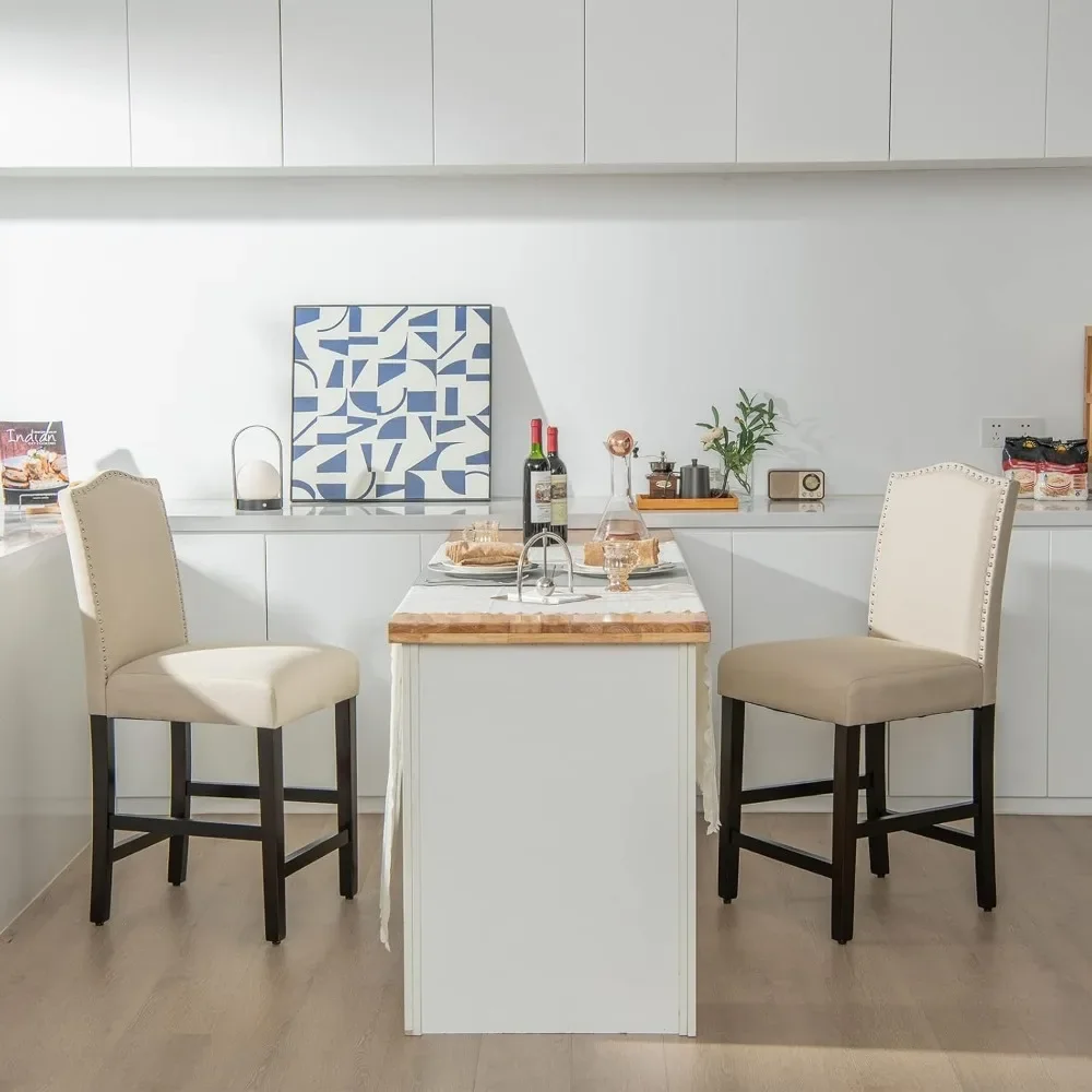 Bar Stools, Linen Upholstered Counter Height Chairs with Solid Rubber Wood Legs, 25” Kitchen Island Wood Bar Chairs