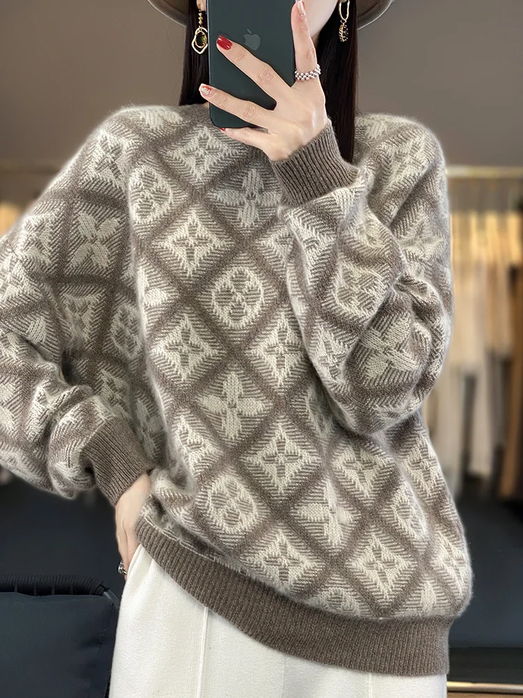 Autumn and Winter New 100% Pure Wool Sweater Women\'s Round Neck Jacquard Loose Head Knitted Sweater [Returns Not Supported]