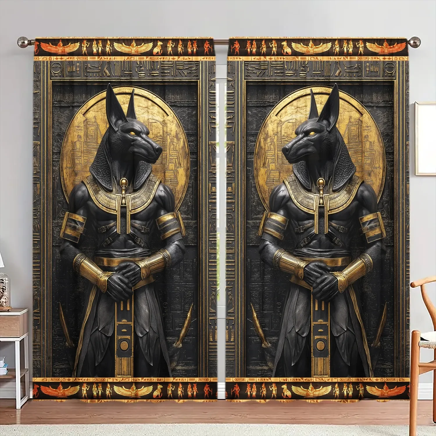 2pcs Black and Gold Anubis Window Curtains Ancient Egypt Mythological Drapes Relief Art Decor for Living Room Bedroom