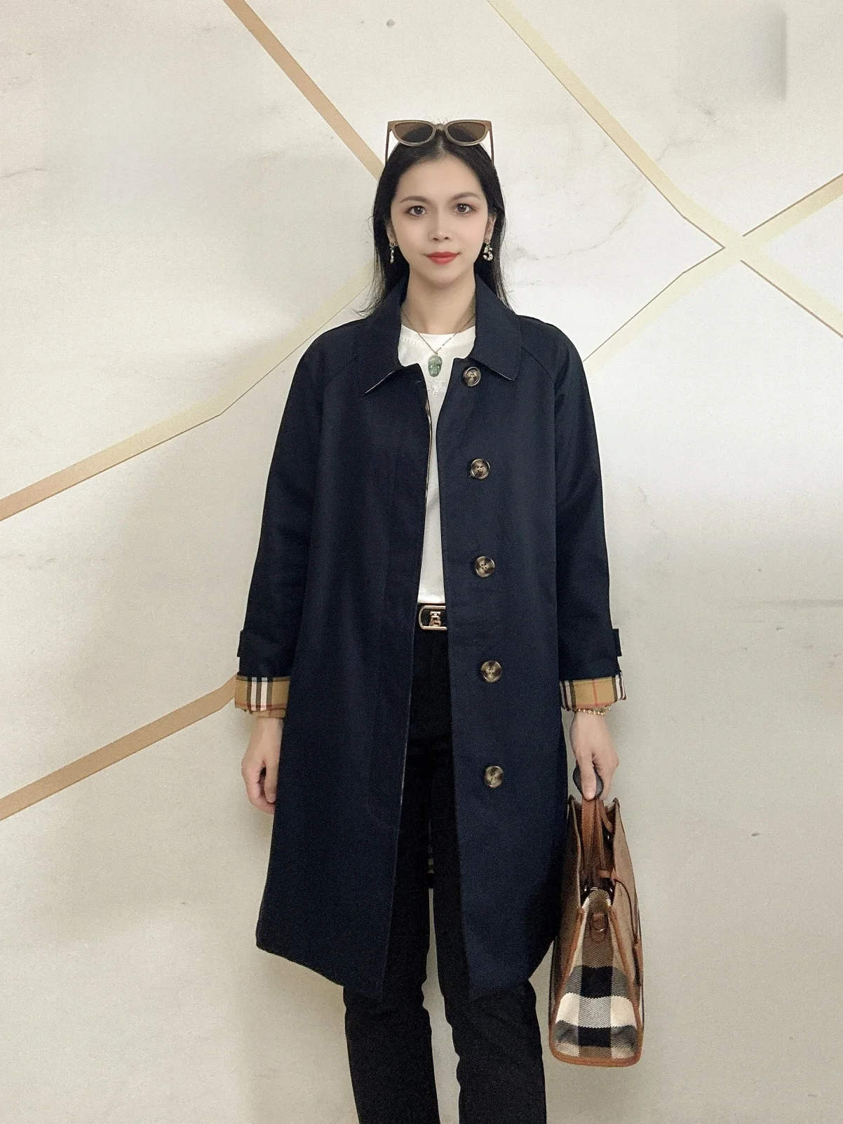 

Autumn Winter Briti Sle Women's Long Sve Striped Coat Casual Versatile Turn-down Collar Mid-length Commute Cotton Wind...