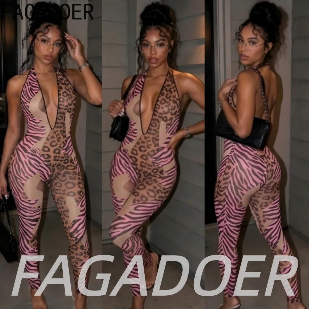 FAGADOER Fashion Zebra Leopard Print Patchwork Jumpsuits Hot Girl Sexy Mesh See Through Off Shoulder Halter Bodycon Rompers 2026