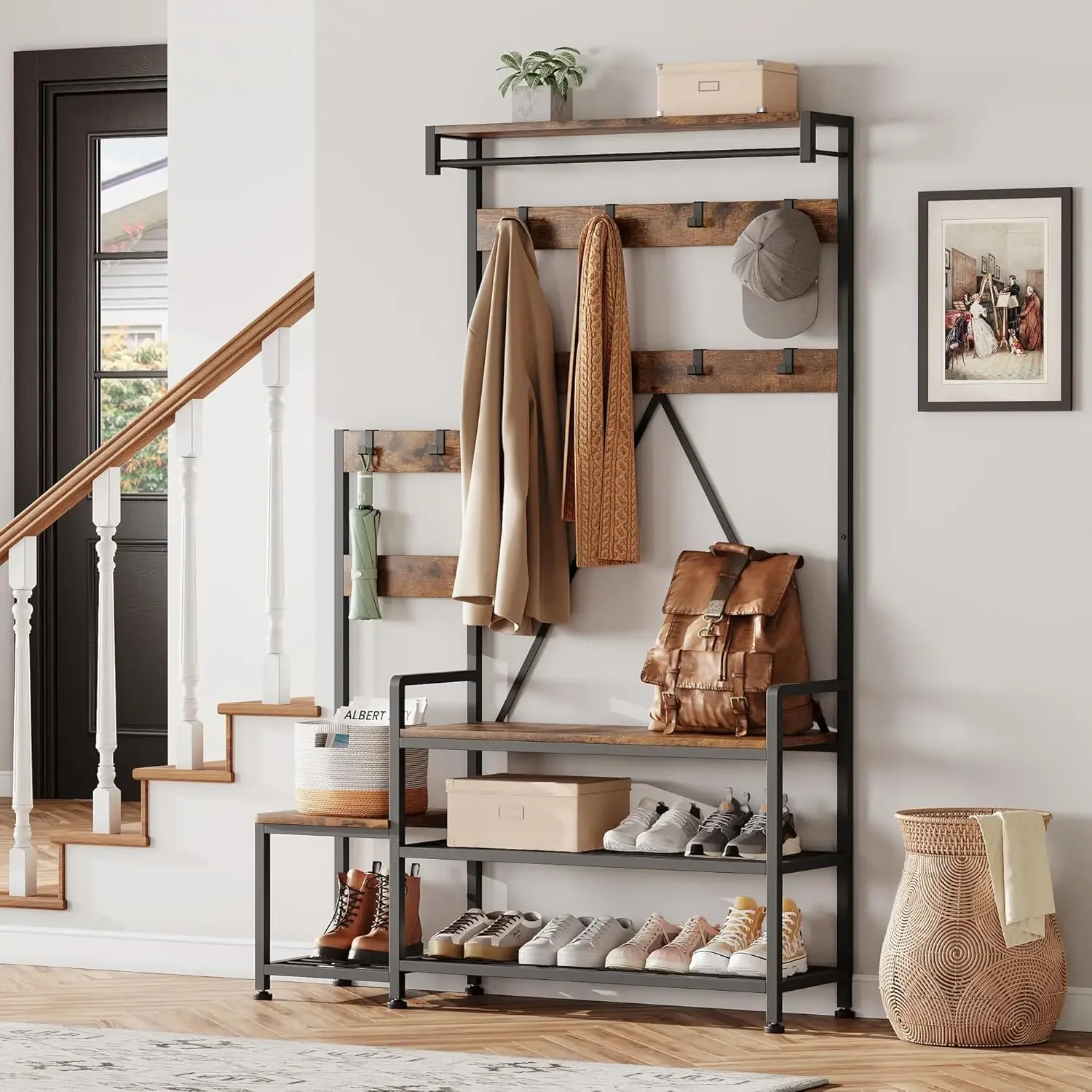 Hall Tree with Bench and Shoe Storage Parent-Child Coat Rack Shoe Bench Industrial Coat Tree Entryway Large Organizer with Shoe