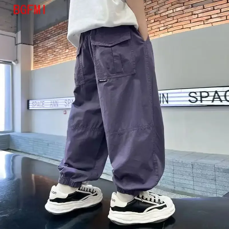 Childrens Purple Casual Trousers Korean Teens Fashion Boys Cargo Pants 2026 Summer New Thin Casual Pants Children Boy Clothes