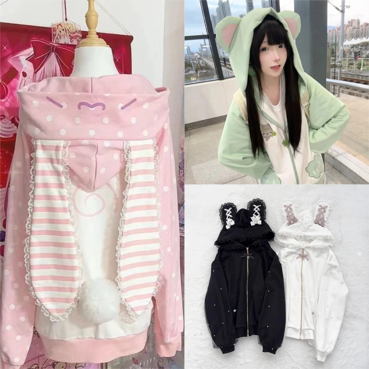 Japanese Kawaii Print Hooded Coats Women Sweatshirts Harajuku Printed Jacket Aesthetic Grunge Blouse Subculture Cute Y2k Tops