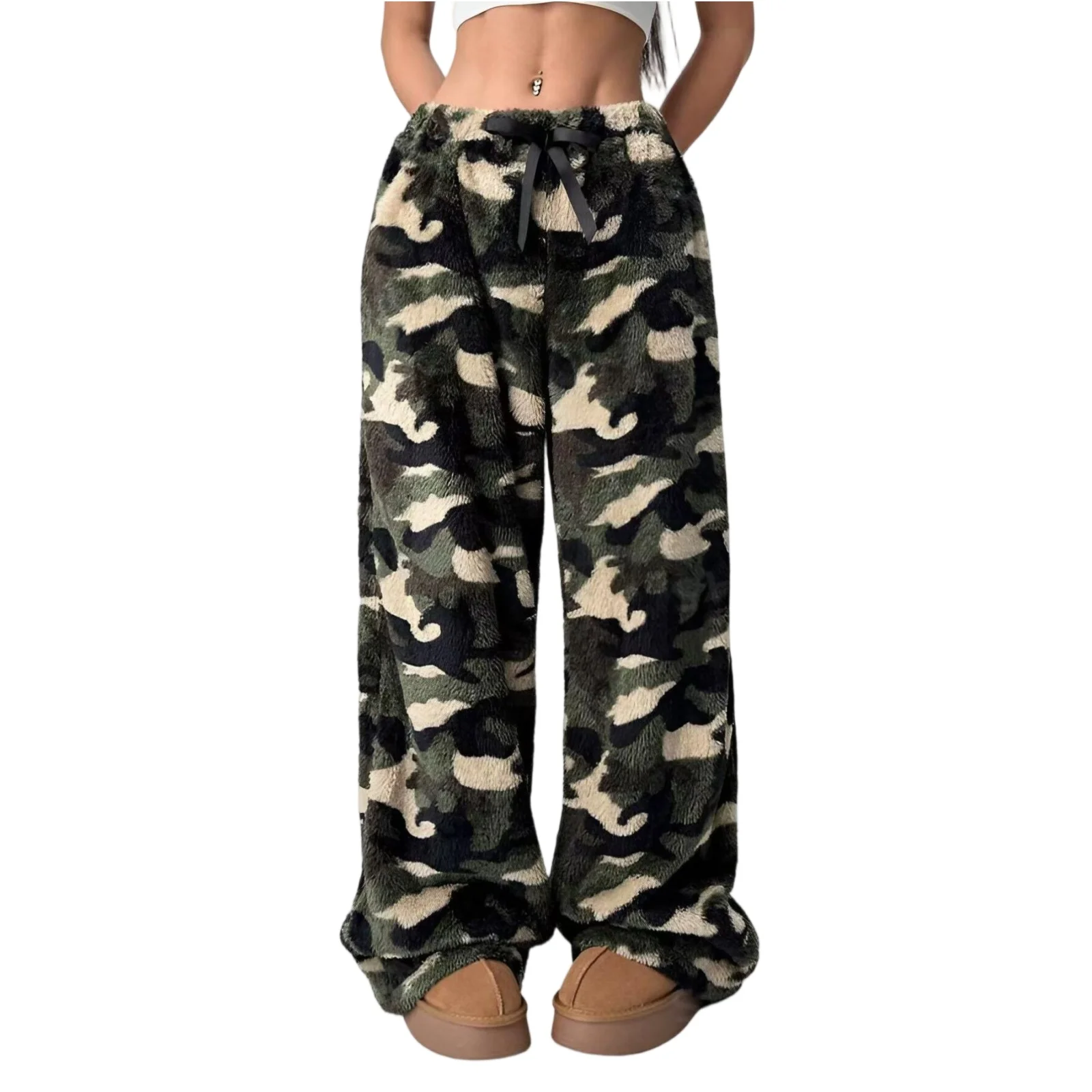 Stylish Camouflage Plush Pajama Pants for Women Casual Elastic Waistband Pajama Bottoms Winter High Waist Straight Thermal Pants