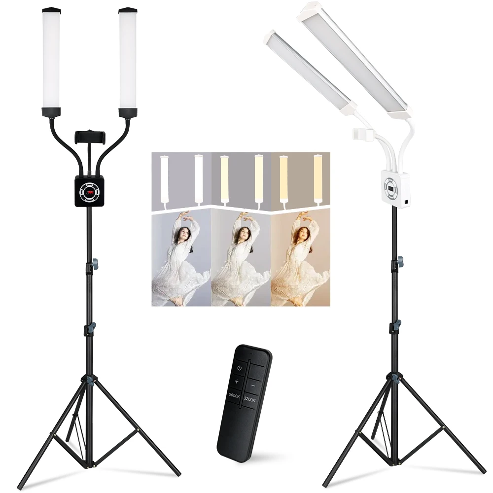 HDSNH LED Video Light 40W Double Arms Beauty Light with Phone Holders Adjustable Tripod Dimmable 3200-5600K for Makeup Manicure