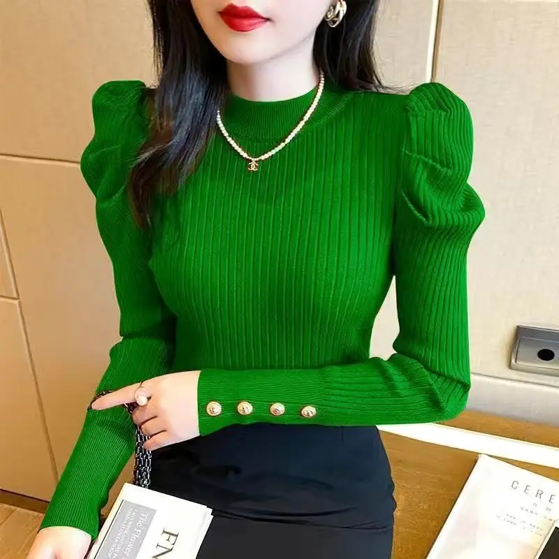 Halb-Rollkragen-Innenbekleidungspullover mit langen Ärmeln, Frühling, neues Temperament 2025, schmal geschnittener Strickpullover, Oberteil mit Blasenärmeln